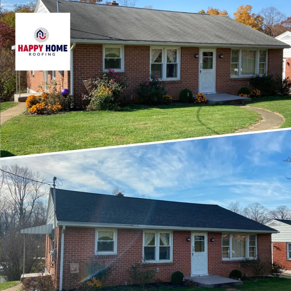 Before and after photos of a brick rancher with a new dark roof