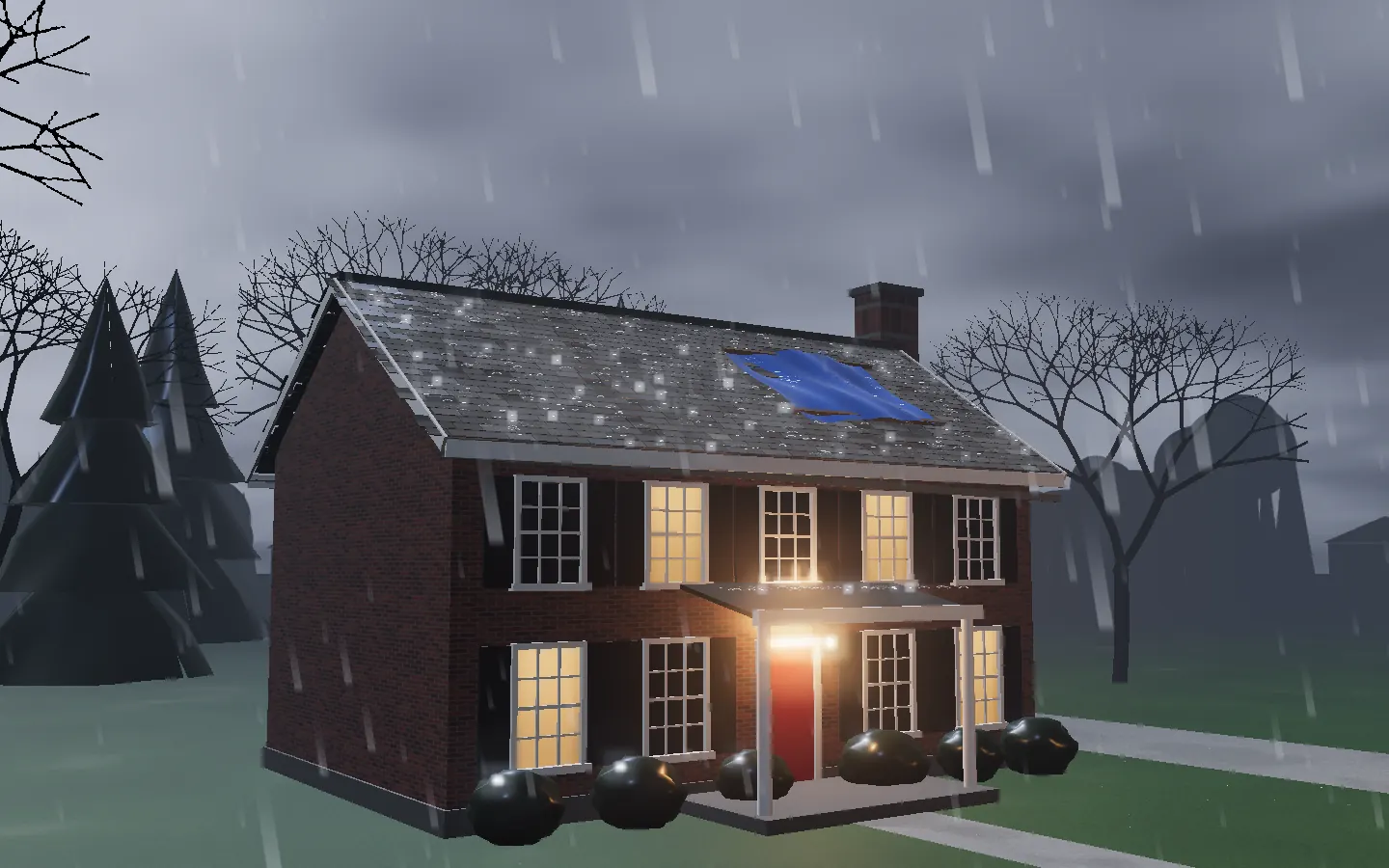 The house in a storm at dusk, a blue tarp on a damaged roof