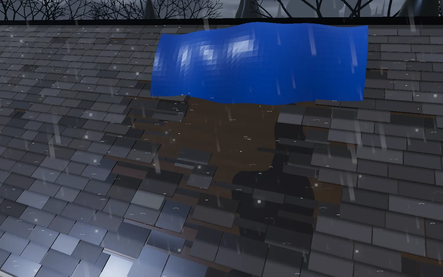 A close view of storm-damaged shingles as the tarp comes off