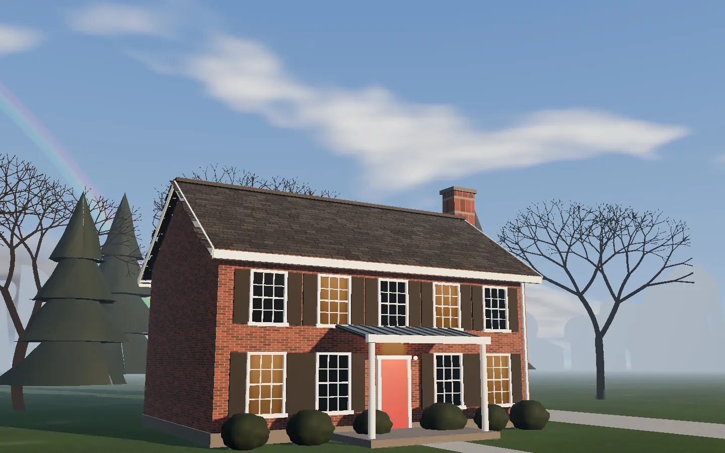 The house under a clearing sky with a rainbow and a new roof