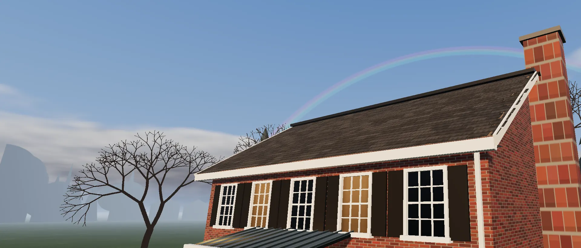 A new white seamless gutter along the eave, rain running to the downspout