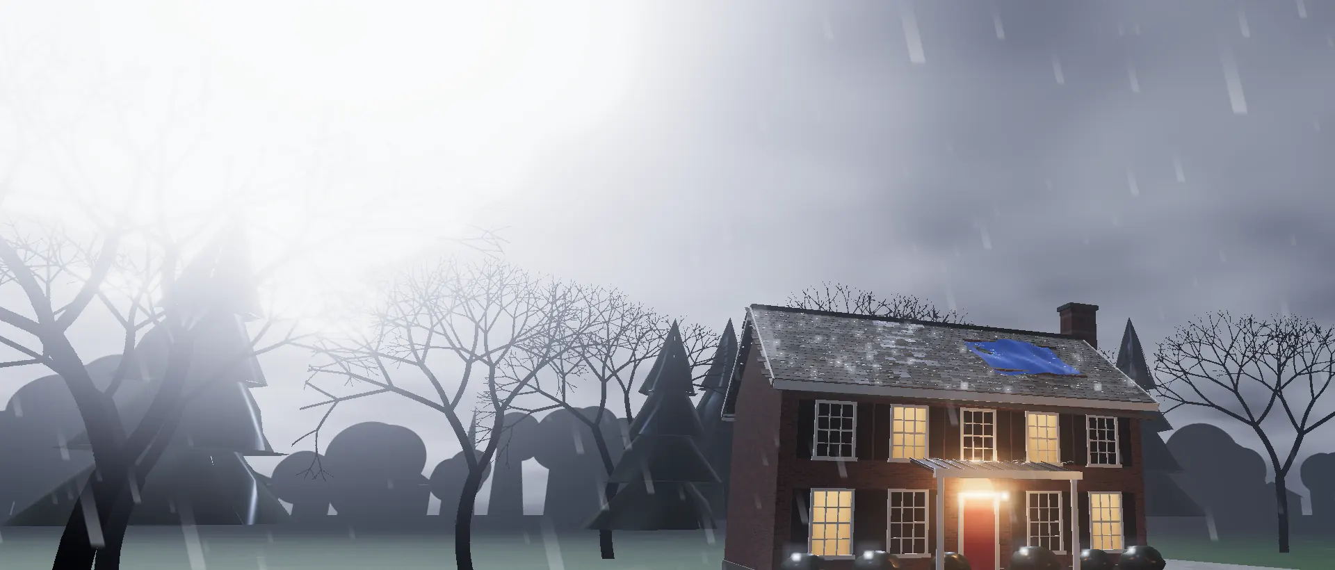 The house in a thunderstorm at dusk, lightning in the clouds and a tarp on the roof