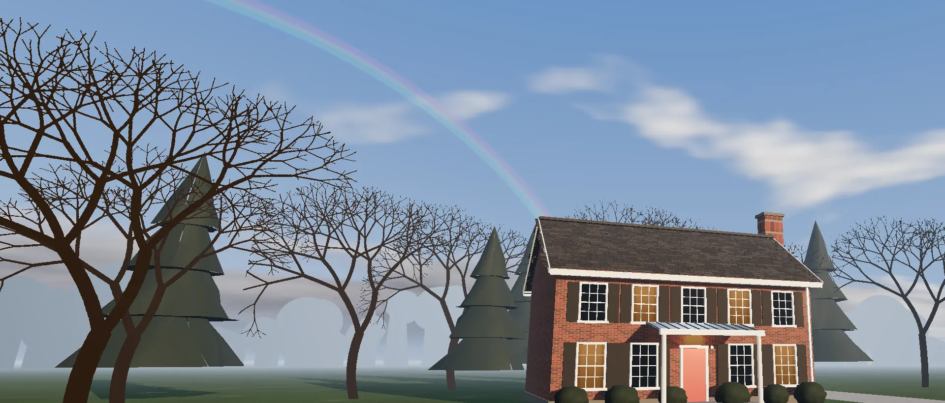 The house under a clearing sky after the storm, with a rainbow over the roof